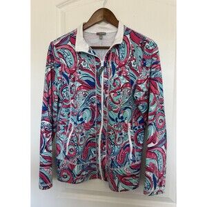 T By Talbots Womens Jacket Medium Zip Teal Pink Paisley Pockets Active Stretchy